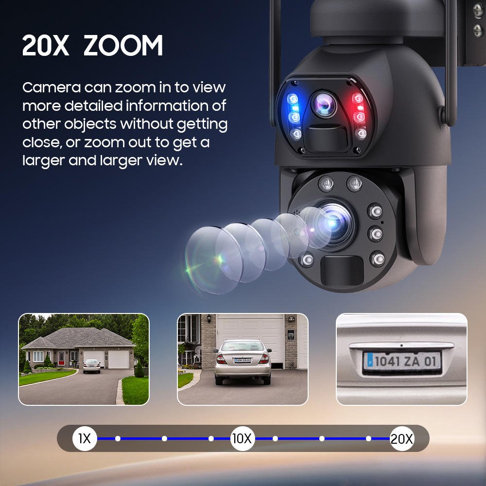 20X Optical Zoom 4G Solar Powered Dual Lens Security Camera 6MP HD Low Power IP66 Waterproof Outdoor Camera